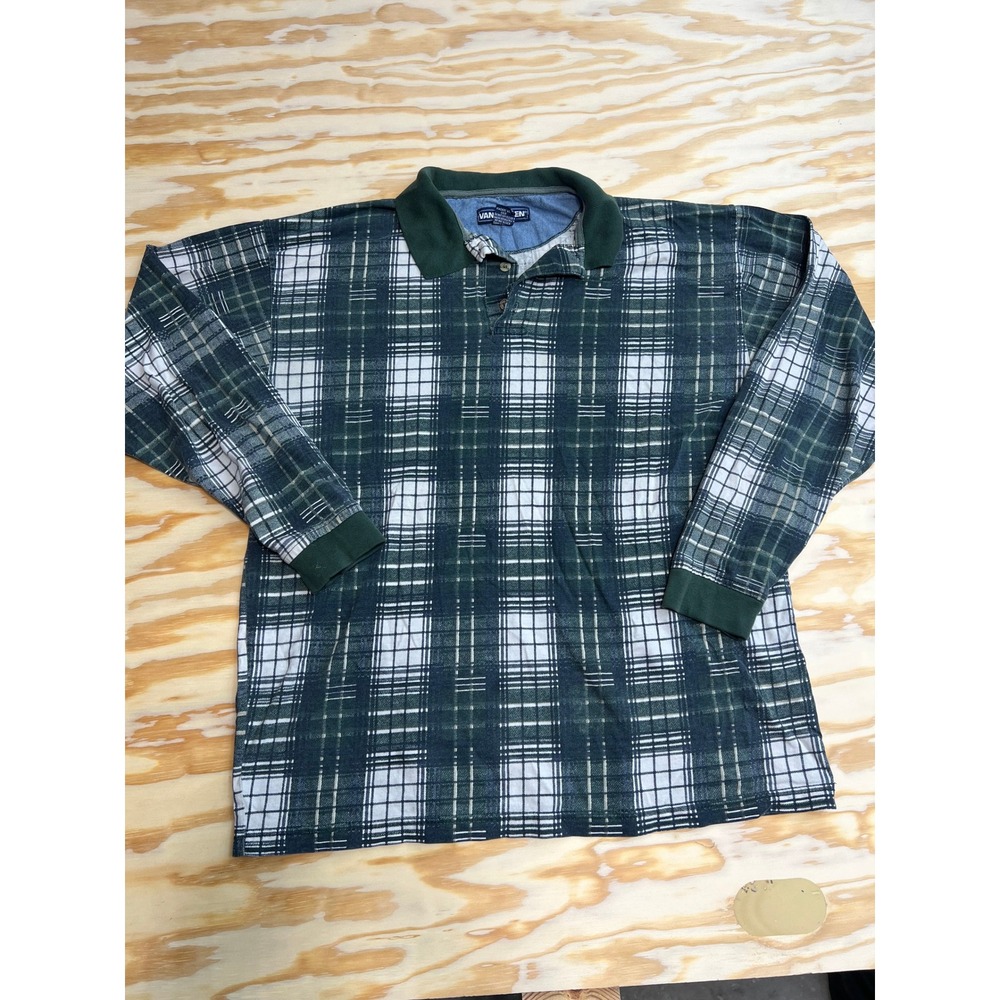 Van Heusen Mens Large Green Plaid Long Sleeve Polo Shirt Cotton Casual
